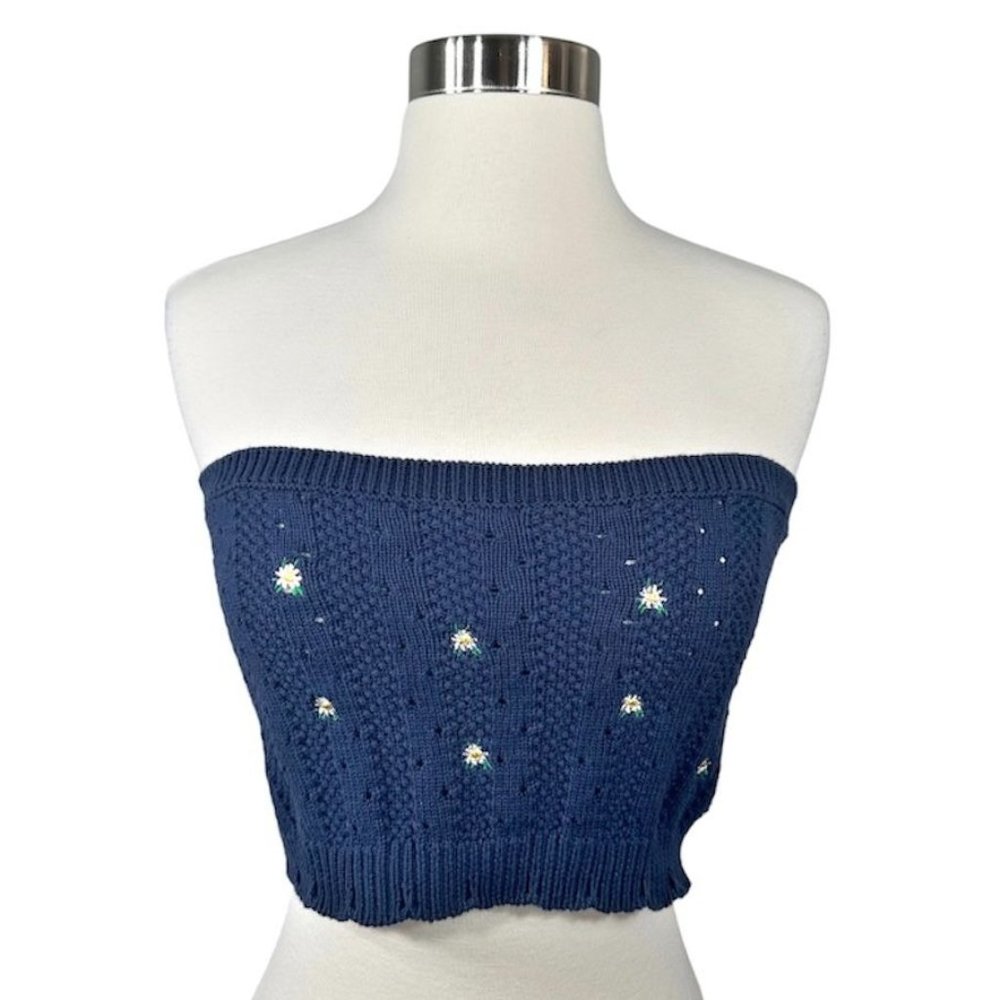 Paige Knit Floral Crop Tube Top in Blue - Picture 2 of 7